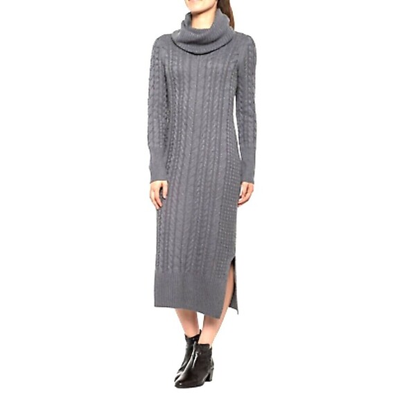 Tahari Women Size L Sweater Dress Storm Gray Cable Knit Cowl Neck Midi Sheath T3 - Picture 1 of 12